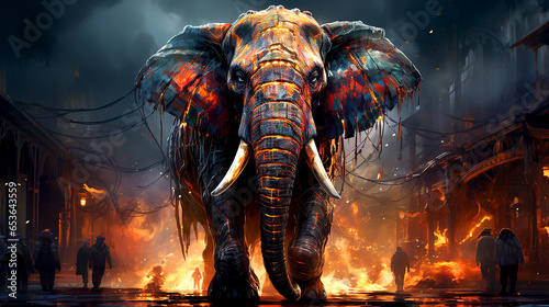 A mechanized elephant crafted from an array of gears advances gracefully against a luminous backdrop © M6G