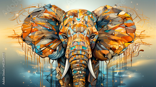 Against a backdrop of brilliant light, an abstract modern-tech African elephant walks with pride