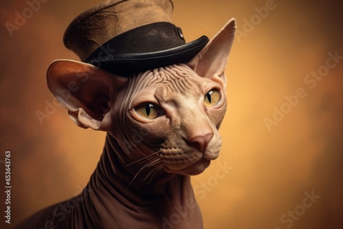 sphynx cat wearing a sherlock holmes detective hat against a warm taupe background