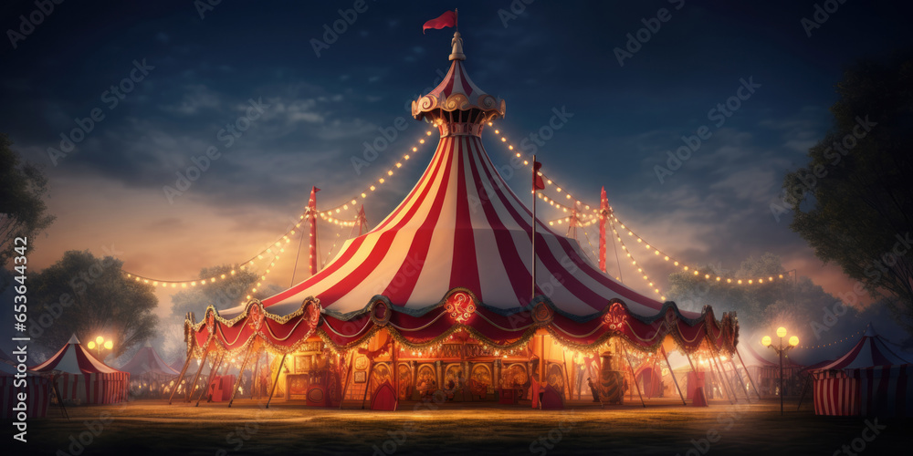 3D Rendering Of A Circus Tent A Circus Tent With Beautiful Lighting In The Background Designed For A Captivating Visual . Сoncept D Rendering, Circus Tent Design, Beautiful Lighting - obrazy, fototapety, plakaty 