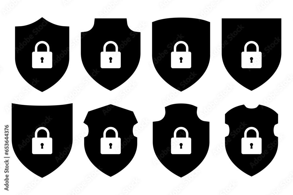 Shield with lock silhouette icon symbol set Shield with lock silhouette icon symbol set