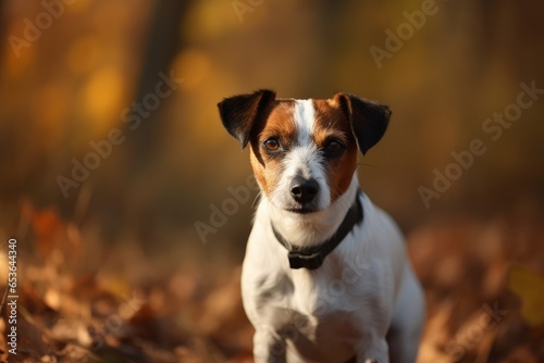 A small dog standing in leaves