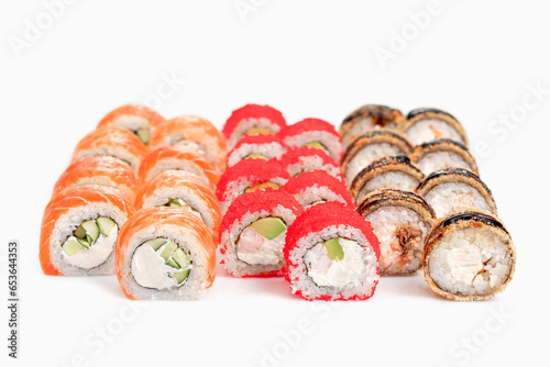 Assorted Japanese sushi roll set. sushi rolls set close up selective focus.