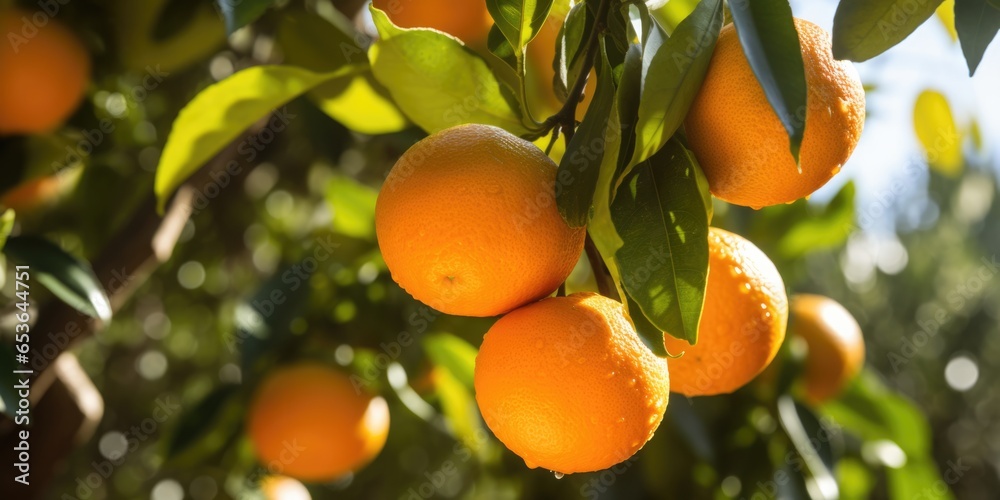 A Bunch Of Ripe Oranges Hanging On A Tree In An Orange Garden In Spain Showcasing The Beauty Of Fresh Produce . Сoncept Organic Oranges, Spanish Agricultural Beauty
