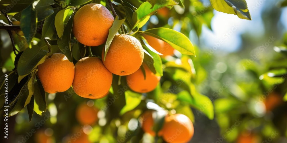A Bunch Of Ripe Oranges Hanging On A Tree In An Orange Garden In Spain Showcasing The Beauty Of Fresh Produce . Сoncept Spanish Orange Gardens, The Beauty Of Fresh Produce, Ripe Oranges Growing