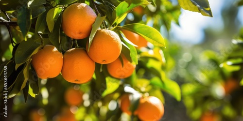 A Bunch Of Ripe Oranges Hanging On A Tree In An Orange Garden In Spain Showcasing The Beauty Of Fresh Produce . Сoncept Spanish Orange Gardens, The Beauty Of Fresh Produce, Ripe Oranges Growing