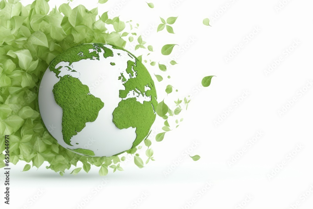 A green globe surrounded by leaves on a white background