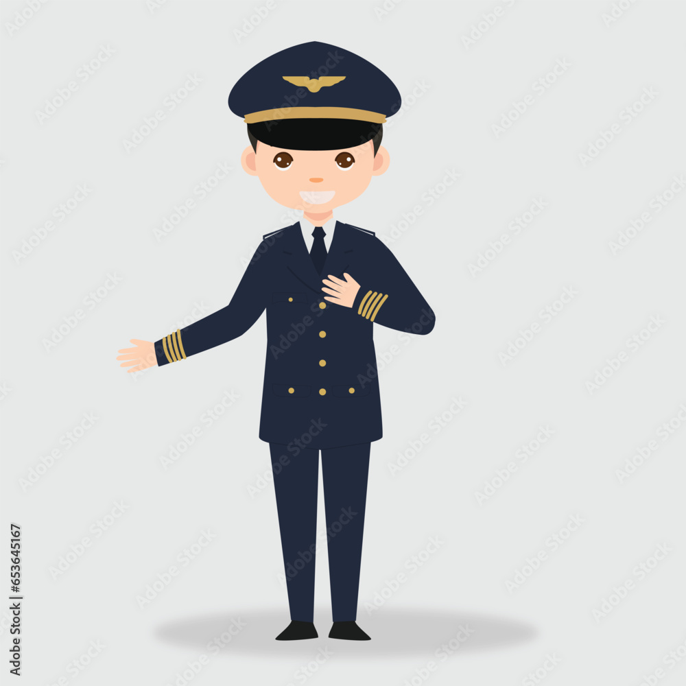 Pilot Officer cartoon character with Uniform. Professional Plane pilot character. Pilot Officer cartoon character with Uniform. Professional Plane pilot character.