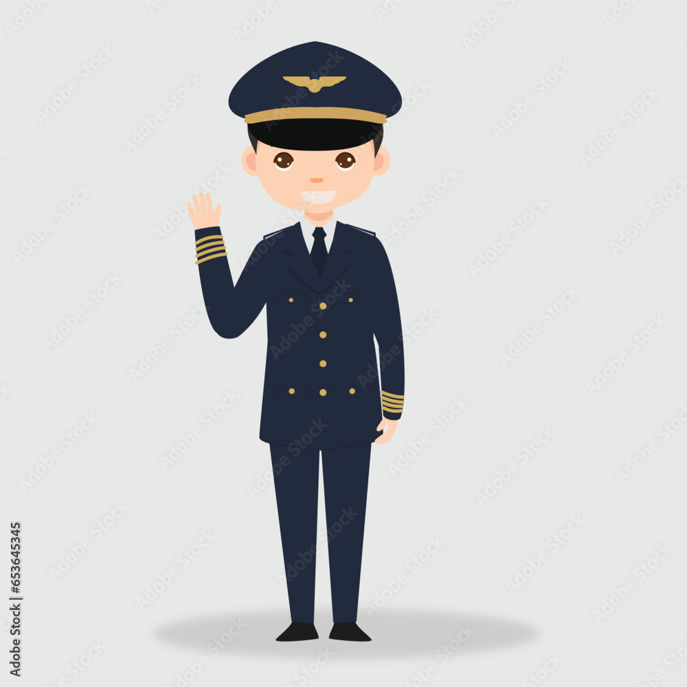 Pilot Officer cartoon character with Uniform. Professional Plane pilot character.
