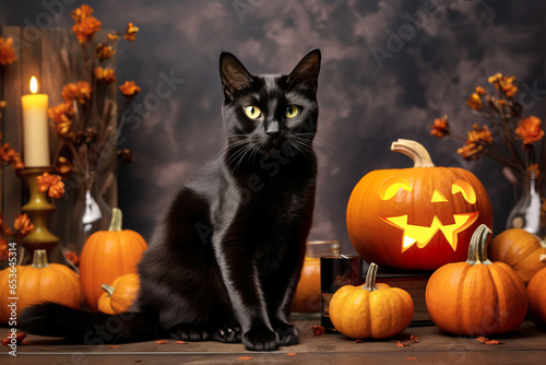 Cute funny black cat in halloween decor room. Happy Halloween party concept © colnihko