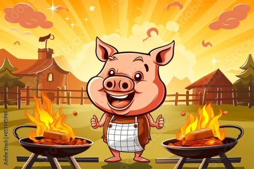 vector image of scartoon pig chef bbq grill cooking photo