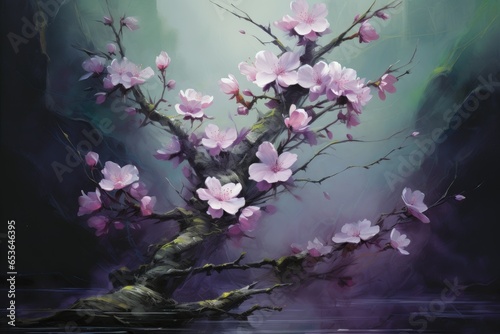 This digital painting beautifully depicts a blooming cherry tree shrouded in the enchanting fog of the night. Experience the artistry of the picture.Generative AI