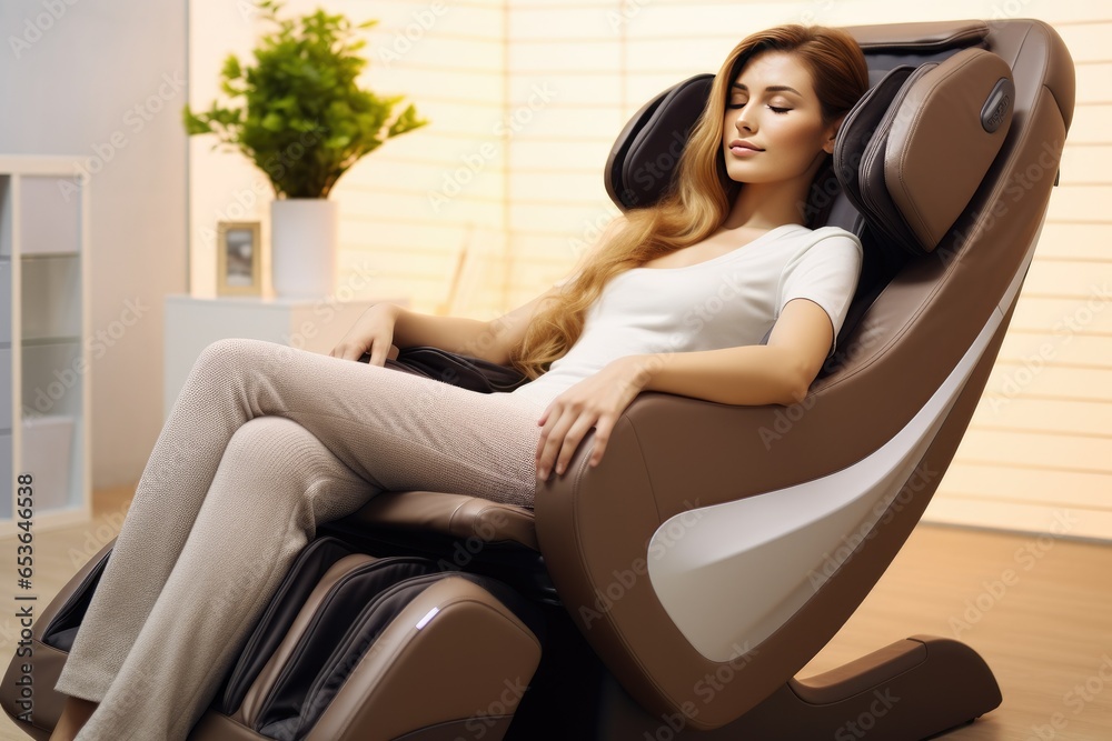 Obraz premium introduces the comfort and stress-relief abilities of modern massage chairs. Your secret weapon to find healing in a busy routine! Generative AI