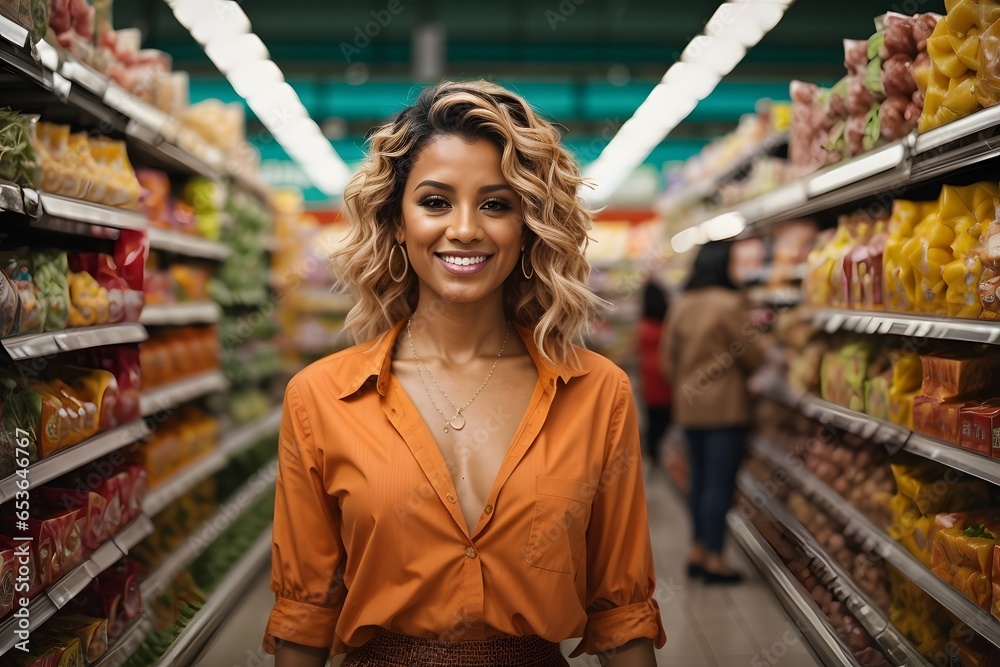 A happy woman shopping products in a grocery store. Image created using artificial intelligence.