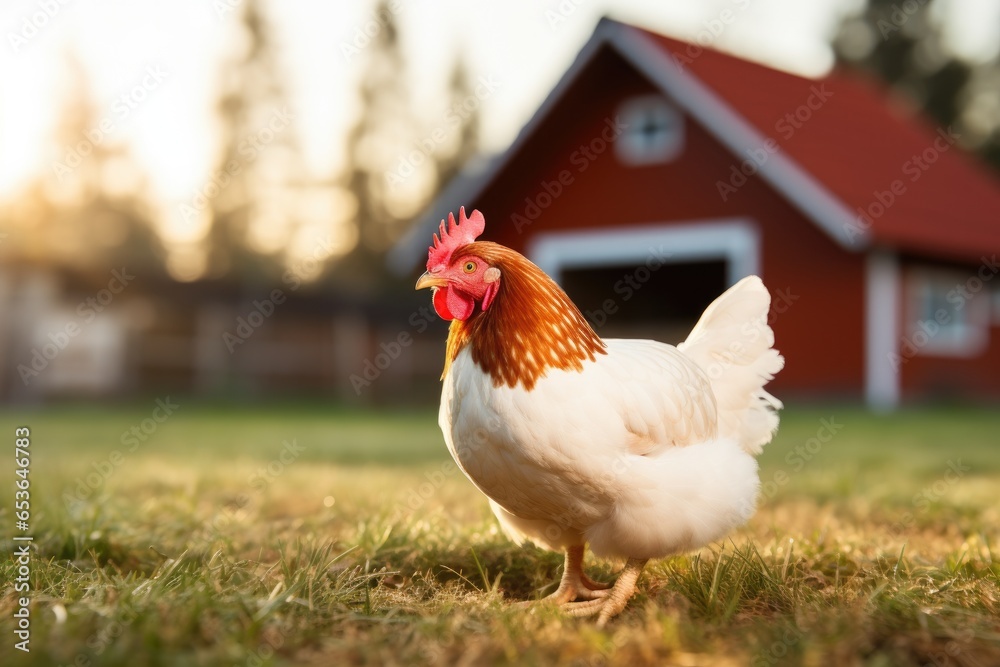 Fototapeta premium Chicken on green grass - free range chicken or hen on an organic farm