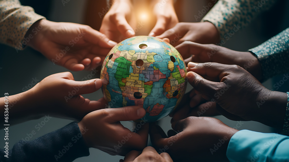 Diverse hands holding puzzle pieces, coming together to form a globe ...