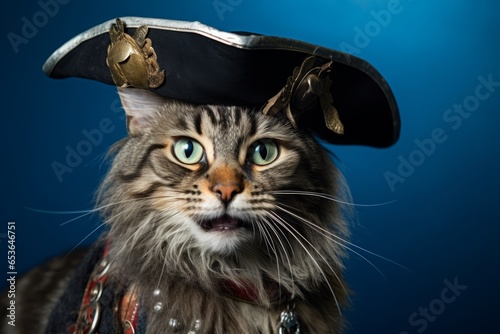 singapura cat wearing a pirate hat against a sapphire blue background photo