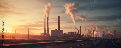 A Ford Factory At Sunset With Smokestacks Contributing To Air Pollution