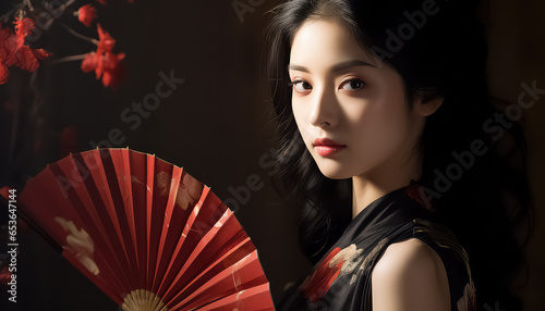 Asian woman with fan in hand, Chinese New Year concept