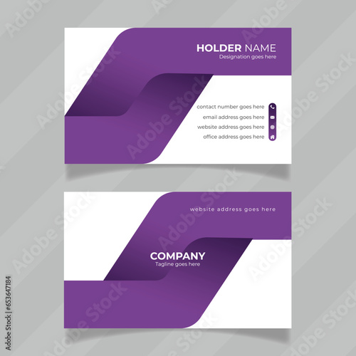 Double sided unique design presentation for contact information card. Purple color modern business card design presentation. Customizable business card design layout file with geometric shape.