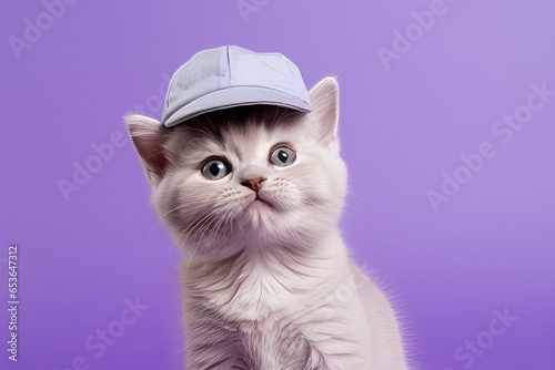 munchkin cat wearing a cool cap against a lilac purple background