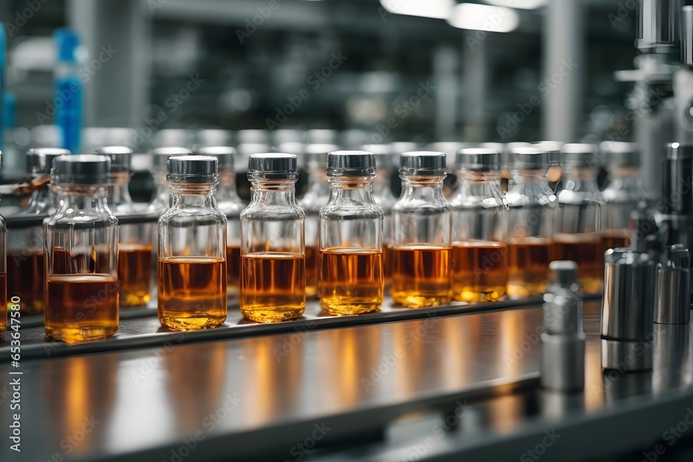 Medical vials on production line at pharmaceutical factory. Image created using artificial intelligence.