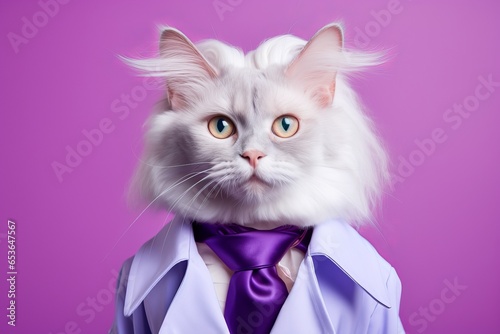 turkish angora cat wearing a superhero costume against a lilac purple background photo