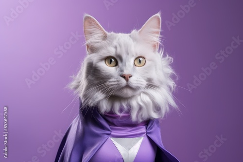 turkish angora cat wearing a superhero costume against a lilac purple background photo