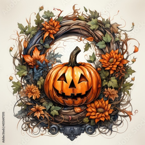 Halloween pumpkins with autumn leaves and flowers. Vector illustration.