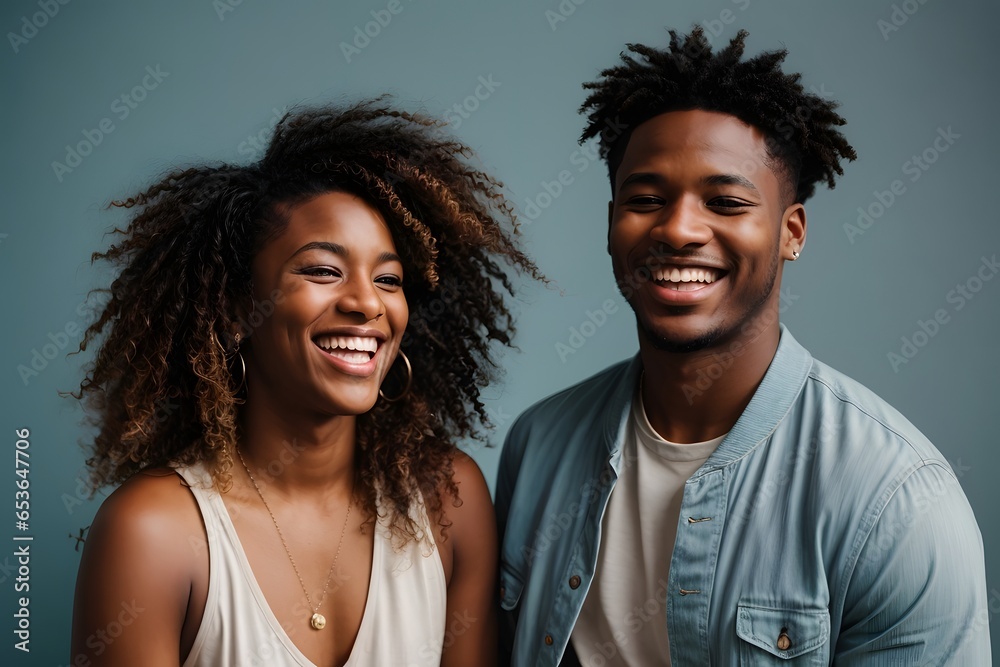 Two interracial best friends laughing and having a good time together in a studio with solid light blue background. Generative Ai. Two interracial best friends laughing and having a good time together in a studio with solid light blue background. Generative Ai.