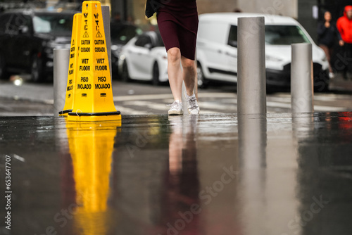 Wet floor. Yellow warning indicator with Wet floor message written in English and Spanish in New York, America.