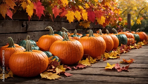 A colorful display of pumpkins  pumpkins and leaves sitting in a row on wooden background 