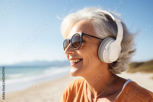 old woman with gray hair listen to music with headphones on vacation or free time on sunny day, beach vacation or emigrated in retirement #653647954