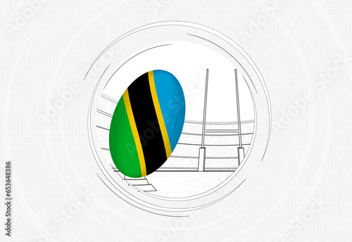 Tanzania flag on rugby ball  lined circle rugby icon with ball in a crowded stadium.