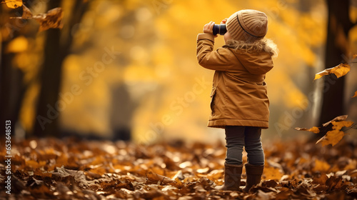 little child playing in autumn park, Kid with binoculars exploring the autumn