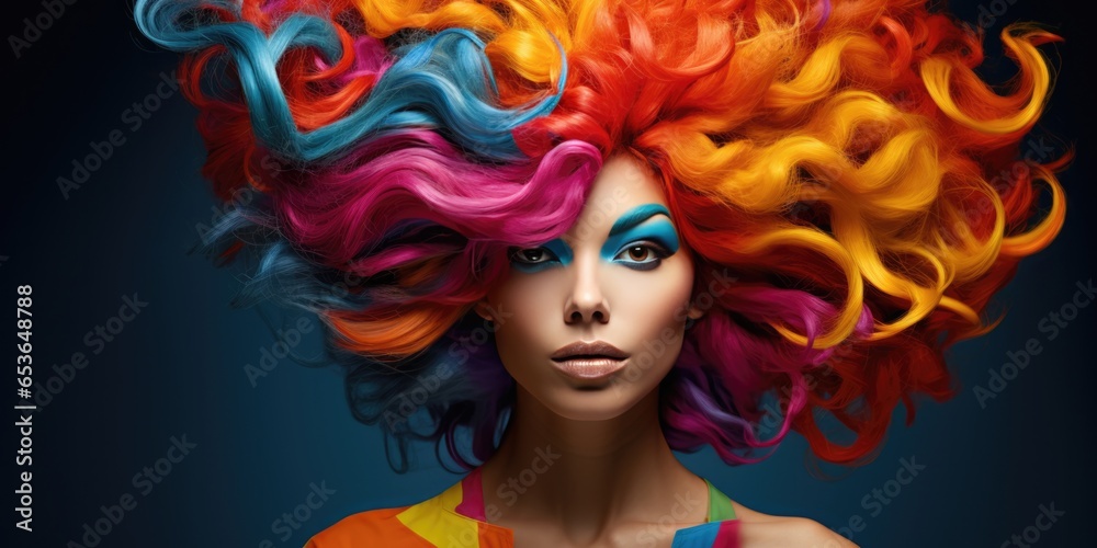 A Woman With A Colorful Wig Demonstrating A Bold And Unconventional Hairstyle Choice . Сoncept Hairstyle Trends, Colorful Hair Accessories, Unconventional Fashion, Personal Style