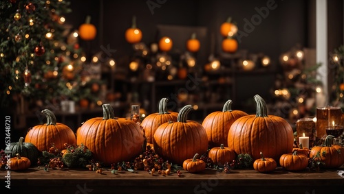 A festive display of pumpkins on a table photo