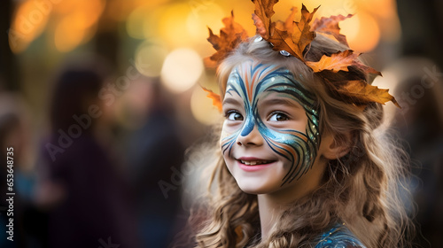 Child wearing autumn leaf - themed face paint, enjoying a fall festival © TMinds
