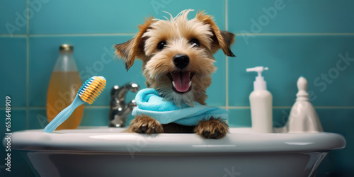 An Adorable Image Of A Cute Dog With A Toothbrush In A Bathroom Setting Emphasizing The Importance Of Pet Hygiene . Сoncept Pet Hygiene, Cute Animals, Adorable Images, Toothbrushing Routines