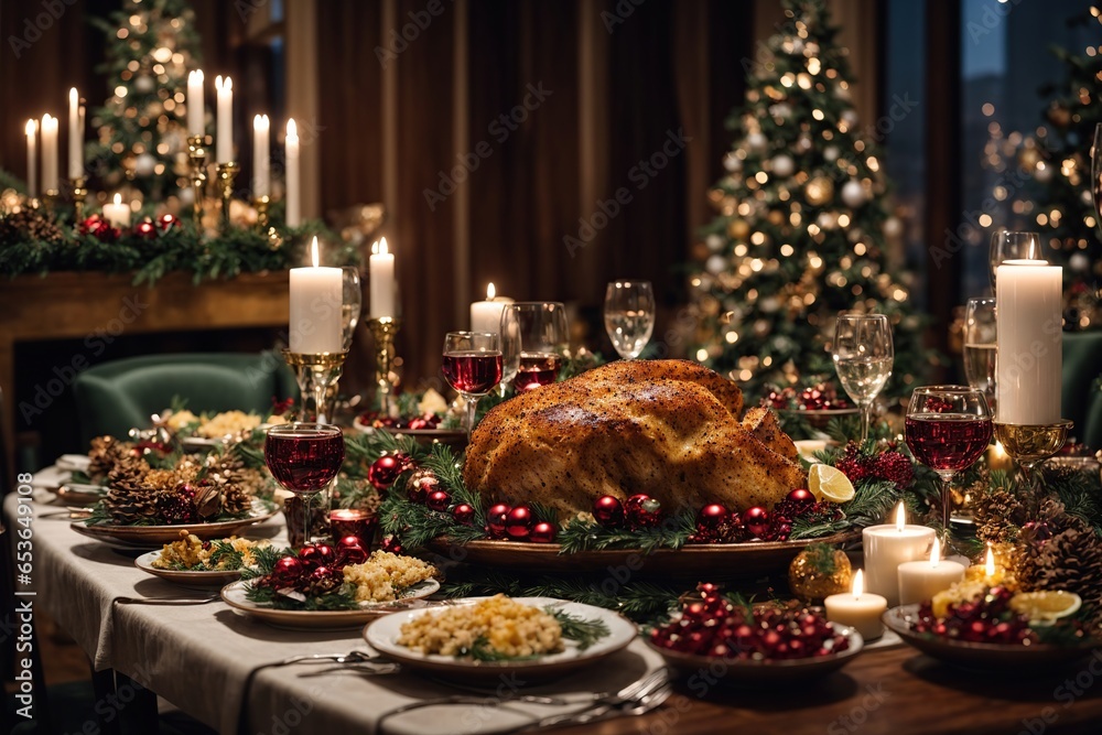  A luxurious holiday spread, featuring a decadent Christmas meal served on a table adorned with elegant decorations and sparkling candles