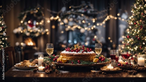 A magical Christmas feast, served on a table surrounded by twinkling fairy lights and enchanting decorations, transporting you to a winter wonderland
