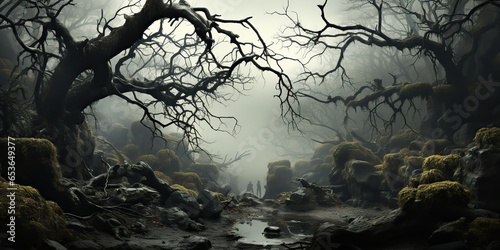 Fototapeta Naklejka Na Ścianę i Meble -  AI Generated. AI Generative. Spooky horror evil dark gothic halloween forest jungle twisted tree branches decoration background. Graphic Art