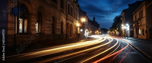 Old Town at night with lights. Street with light trails of passing vehicles. Motion speed on curvy historical center street. Dynamic background, banner.