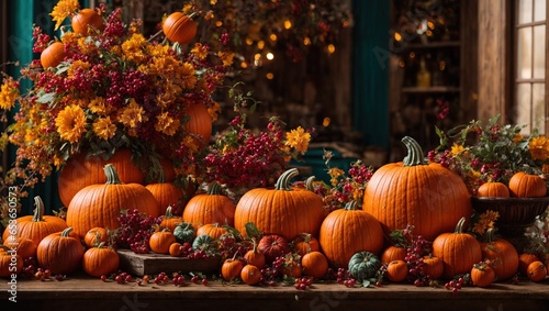  Bright background with beautiful thanksgiving decorating. Pumpkins with fruits  flowers  vegetables and leaves