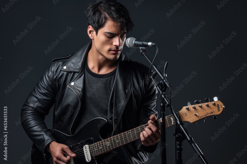Obraz premium Portrait of rock singer man keeping electric guitar and static acoustic mic, sings a song loudly. Concept of rock music and rave.