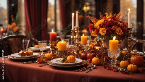 A stunning autumn table setting in a cozy restaurant, with warm hues of red, orange, and yellow, adorned with elegant candlesticks and delicate floral arrangements  © LIFE LINE