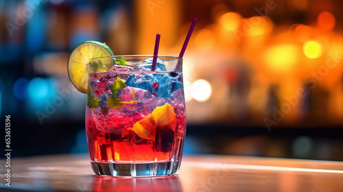 Exotic coctail of alcohol juice and fruits against a bokeh background 
