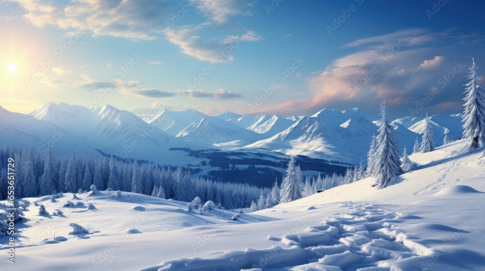 Winter landscape with snow covered trees and mountains