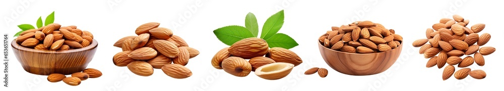 Set of almonds. Nuts in wooden bowl, heap of almonds and leaf. Isolated cutout on transparent or white background.