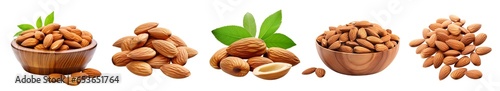 Set of almonds. Nuts in wooden bowl, heap of almonds and leaf. Isolated cutout on transparent or white background.